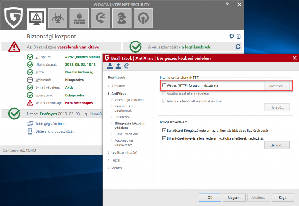 A HTTP szűrés kikapcsolása a G Data vírusírtóban